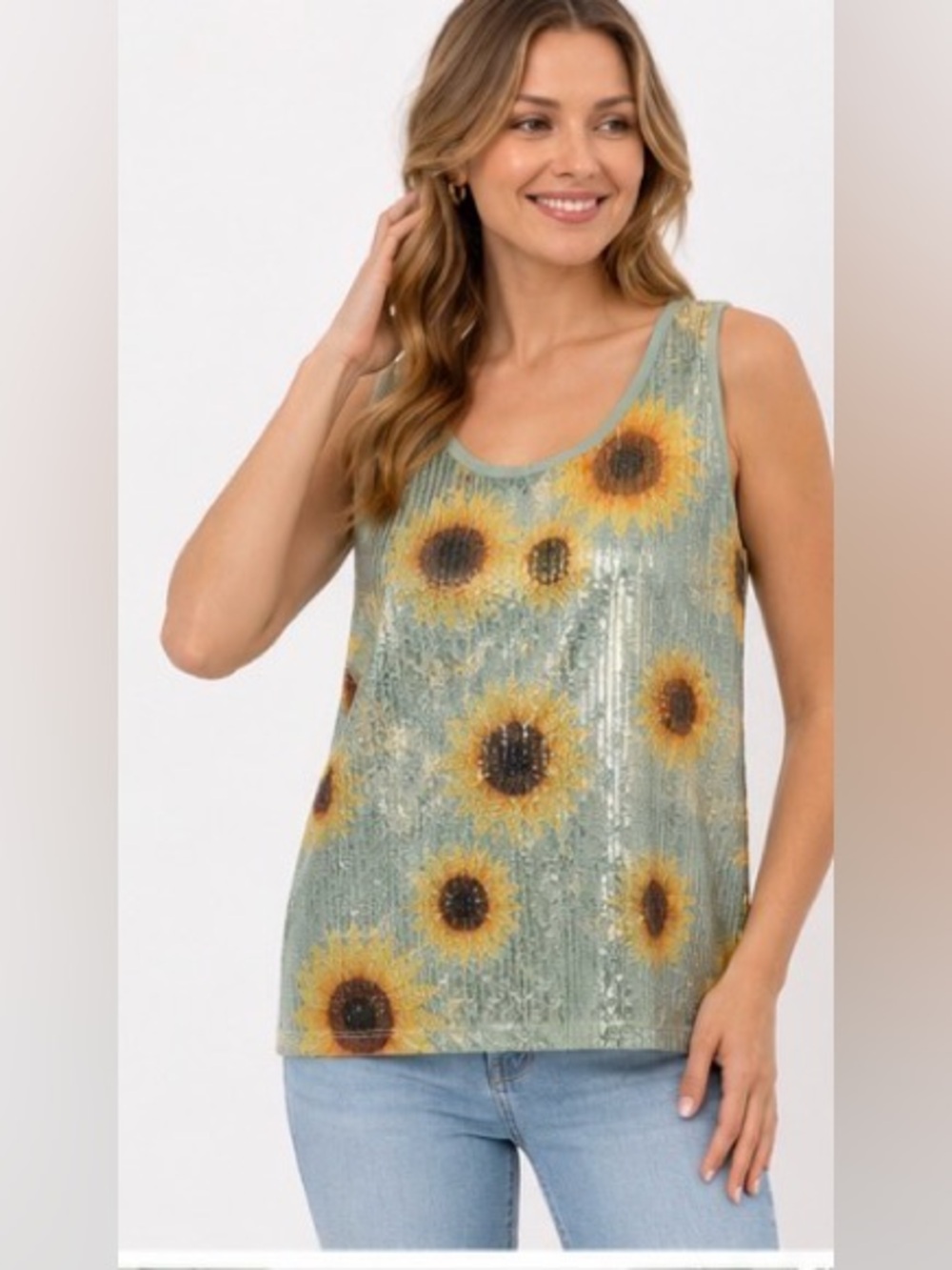 Origami by Vivien NWT Sunflower Sequin Sleeveless Top Sage Green S